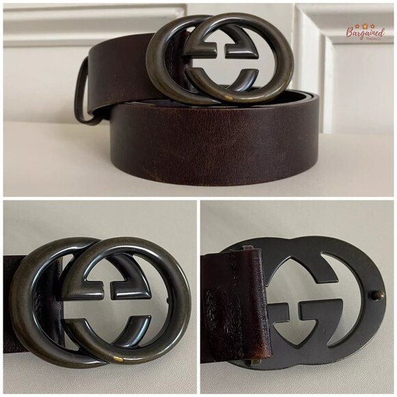 Authentic Gucci Dark Brown Calfskin Dark Bronze Interlocking G Buckle Belt 90/36 - Picture 2 of 13